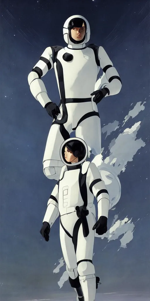 Image similar to a man with a futuristic white space armor walking out of a black spaceship, in the style of studio ghibli, j. c. leyendecker, greg rutkowski, artem