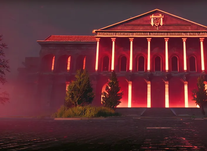 Prompt: ancient european court building with red shafts of light in destiny 2, foggy, liminal, dark, dystopian, beautiful architecture, abandoned, highly detailed 4 k 6 0 fps in - game destiny 2 gameplay screenshot leak