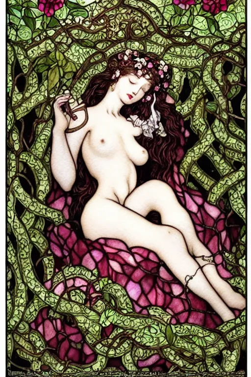 Prompt: detailed sleeping woman in a rococo bed surrounded by vines and flowers, stained glass window, gothic, chandelier, by fantasy art, trending on artstation, fairytale, art by luis royo and walter crane and kay nielsen, watercolor illustration,