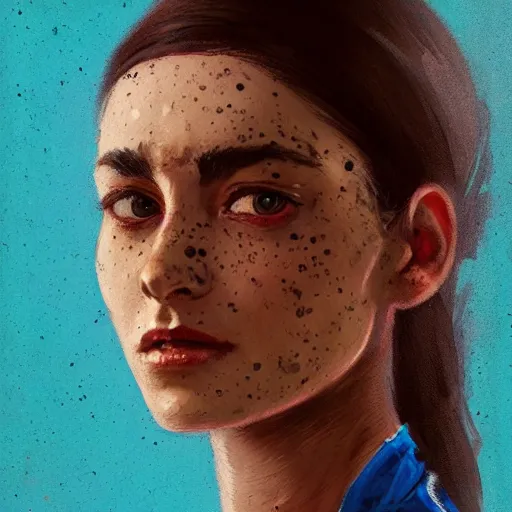 Image similar to Portrait of a woman by Greg Rutkowski, she is about 30 years old, middle eastern features, freckles, black straight hair, attractive, annoying sister vibes, she is wearing blue utilitarian jumpsuit, highly detailed portrait, digital painting, artstation, concept art, smooth, sharp foccus ilustration, Artstation HQ.