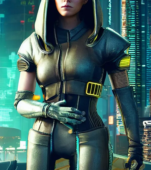 Image similar to cyberpunk 2 0 7 7, an anthromorphoic banana character that has the face of emma stone - mage portrait, clothed in hooded, metal - plated battle armor atmospheric lighting painted intricate volumetric lighting, beautiful, sharp focus, ultra detailed by leesha hannigan, ross tran, thierry doizon, kai carpenter, ignacio fernandez rios