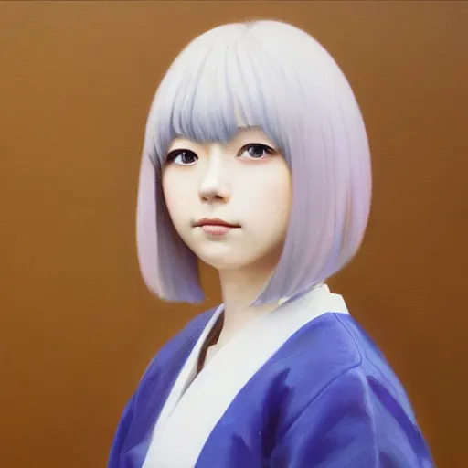 Prompt: Portret of Nakamura Aya, lilac eyes, straight hair cut in a bob, japanese school uniform, front closeup, highly detailed, centered, oil painting, artstation, anime painting by WLOP