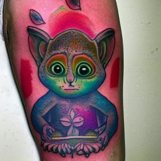 Prompt: shoulder tattoo of a multicolored hallucinating meditating cute bush baby, eyes are rainbow spirals, furry, happy mood, surrounded with colorful magic mushrooms and rainbow marihuana leaves, insanely integrate