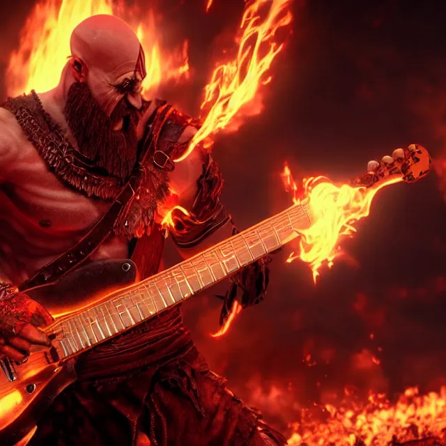 Image similar to glowing demon eyes kratos shredding on a flaming stratocaster guitar, cinematic render, god of war 2 0 1 8, santa monica studio official media, flaming eyes, lightning