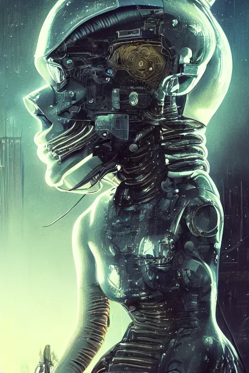 Image similar to a girl in a closed helmet in a shiny biopunk costume consisting of swollen muscles, tendons, bones joints, protruding pistons. masterpiece 4k digital illustration by Chris Foss, award winning, Artstation, blade runner aesthetic, black background, intricate details, realistic, panoramic view, Hyperdetailed, 8k resolution, intricate art nouveau