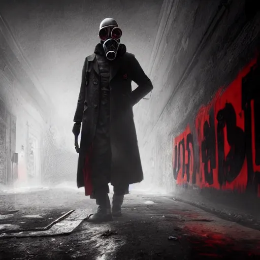 Image similar to hooden villain wearing a gas mask with red goggles, smoke coming out of his long coat, dark background, wall with graffiti, unreal engine 5, ultra realistic, detailed, fog, by greg rutkowski