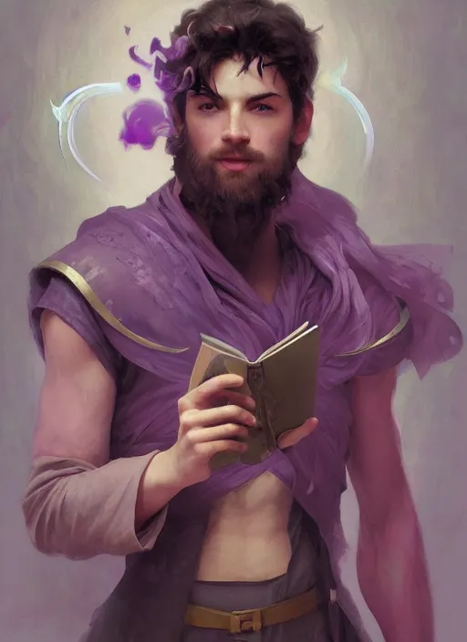 Prompt: character concept portrait of an attractive young smiling Spanish wizard with pink skin conjuring a love spell, a floating iridescent spell book in the center, intricate, elegant, digital painting, concept art, smooth, sharp focus, illustration, from Metal Gear, by Ruan Jia and Mandy Jurgens and William-Adolphe Bouguereau, Artgerm