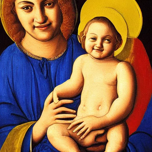 Image similar to painting benjamin netanyahu smiling while being held by his mother, tempera on wood, crevole madonna inspired, by duccio