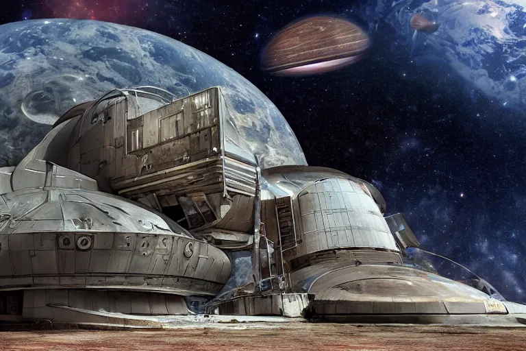 Image similar to matte painting of an outside view of abandoned space station in the deep space