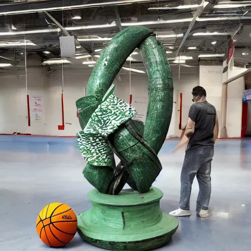 Prompt: A sculpture a a basketball player made pure recycle materials