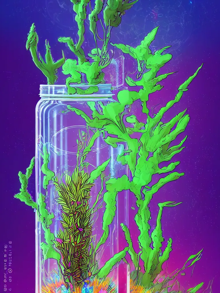 Image similar to concept art. illustration. sci - fi. multicolour strange weird plants and flowers from a different planet in a closed jar. high sci - fi. holographic, beautiful, ethereal