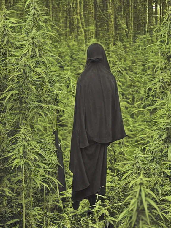 Prompt: grim reaper in cannabis forest, ww1 photo, grainy, high detail, high resolution,