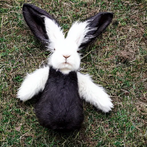 Prompt: Photo of a dwarf rabbit laying down on grass, black body, white hair, very furry, realism, very detailed, photo by Nick Nichols