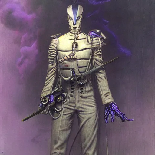 Prompt: steampunk android that emits purple fog, by wayne barlowe