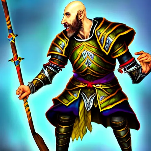 Image similar to a bald asmongold as a sorcerer casting spells with his staff, fighting with ludwig dressed as a knight, hyper realistic, hyper detailed, fantasy, easter colors, digital art