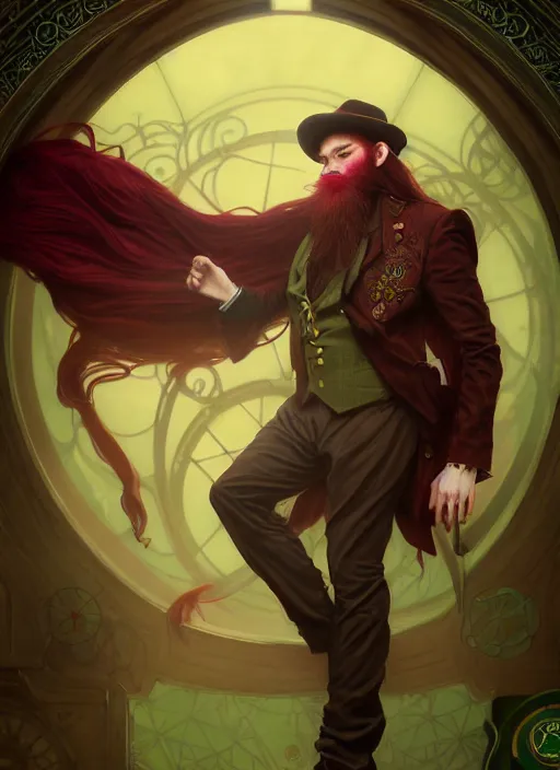 Prompt: cinematic full body portrait of tricky leprechaun, dark red flowy beard, three piece green suit by artgerm, cushart krenz, greg rutkowski, mucha. art nouveau. gloomhaven, gaelic circles and golden charms, vibrant colors, sharp edges. ultra clear detailed. 8 k. elegant, intricate, octane render