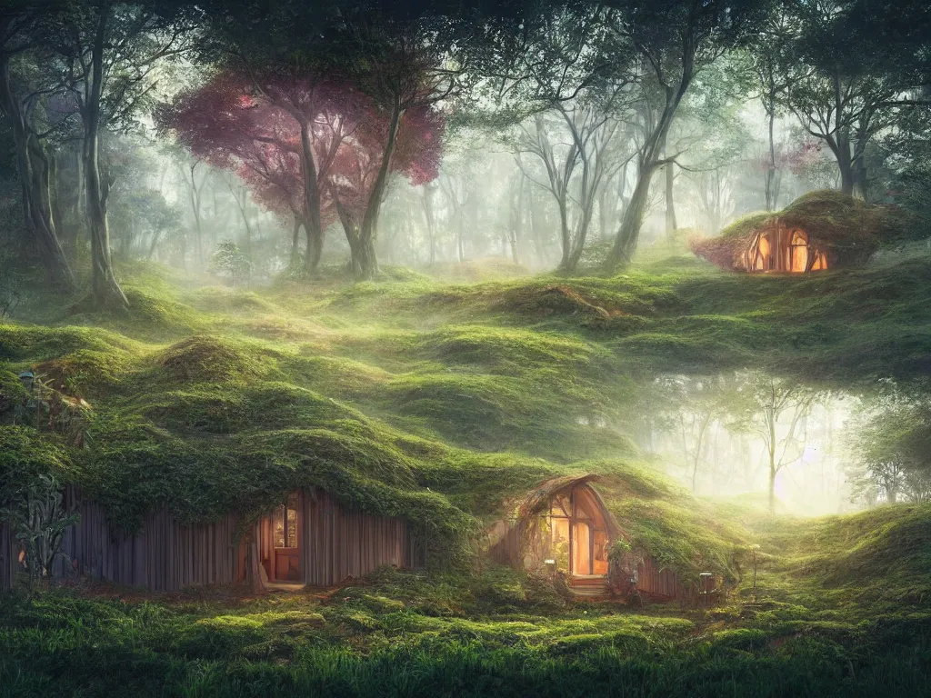 Prompt: beautiful organic house made of imaginary plants in a forest, architectural render, futuresynth, chillwave, by Gabriel Dawe, by Skottie Young, by Jessica Rossier, vegetal architecture, by moebius, by Isaac Cordal, mist, lights, junglepunk, blender, trending on artstation
