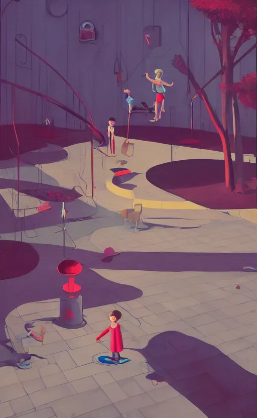 Prompt: children playground, fun whimsical surreal illustration, by atey ghailan and escher and edward hopper