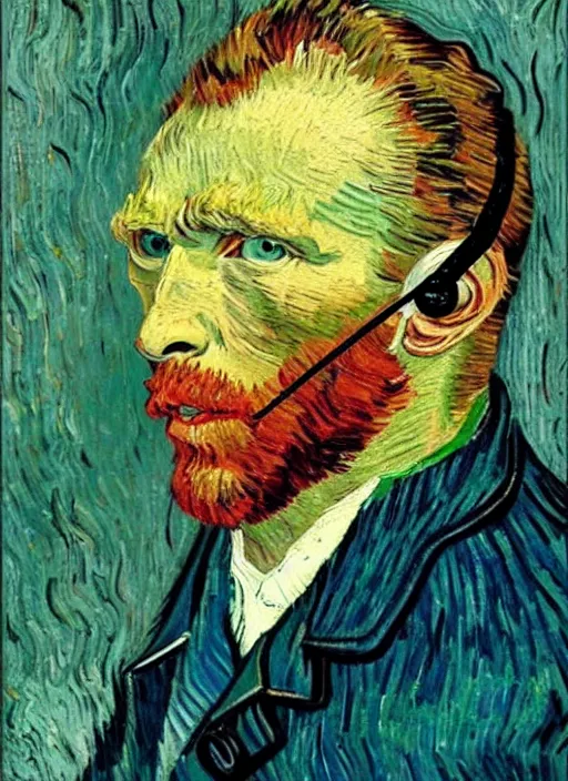 Image similar to lifelike oil painting self - portrait of van gogh wearing headphones