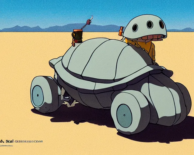 Image similar to a study of cell shaded cartoon of a grey mechanized turtle from howl's moving castle ( 2 0 0 4 ) on a desert road, full body, wide shot, muted colors, post grunge, studio ghibli, laurie greasley, highly detailed, deviantart, art by artgem