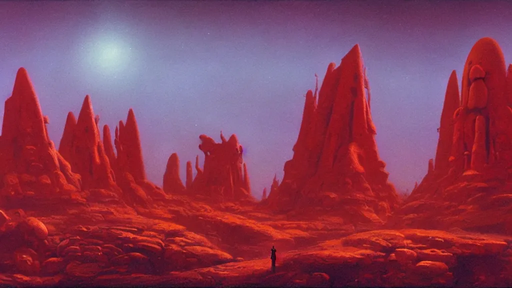 Image similar to mysterious monuments of an alien civilization by paul lehr and john schoenherr, cinematic matte painting