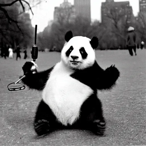Prompt: of a black and white flash photograph by diane arbus of a panda holding a toy hand grenade in central park.