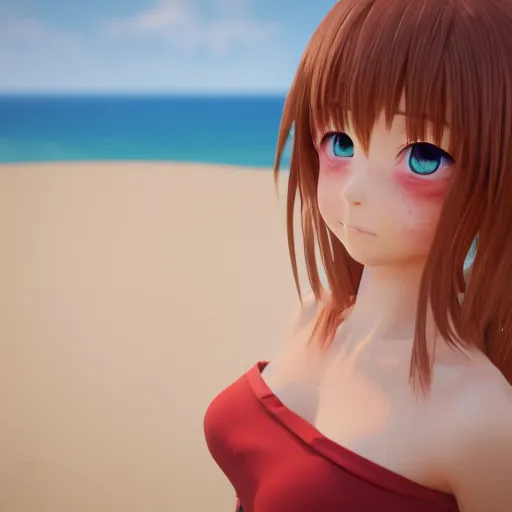 Image similar to Render of a very beautiful 3d anime girl, long hair, hazel eyes, cute freckles, full round face, short smile, cute sundress, golden hour, serene beach setting, medium shot, mid-shot, highly detailed, trending on Artstation, Unreal Engine 4k