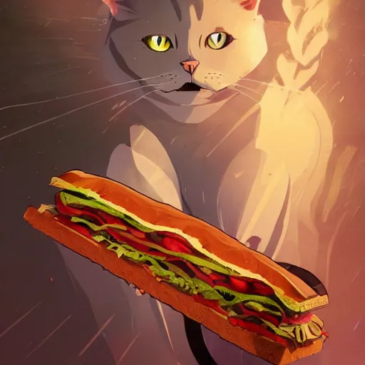 Image similar to scared cat attacked by the giant carnivorous sandwich, artstation hq, dark phantasy, stylized, symmetry, modeled lighting, detailed, expressive, created by hayao miyazaki