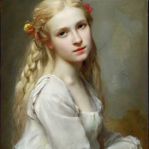 Prompt: A beautiful Blonde Woman with Locks in the style of Sophie Anderson, Portrait