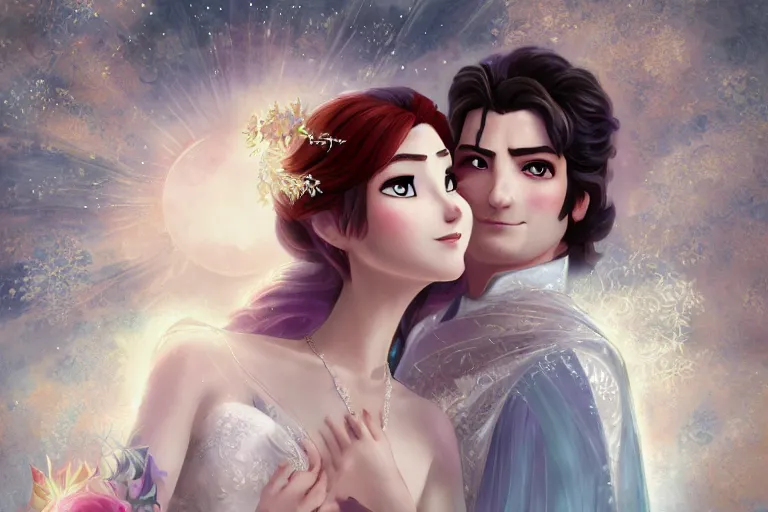 Prompt: a cinematic portrait of wedding photograph jpeg close up moment of a divine a japan sun god and moon goddess lovers magician at a wedding banquet. portraiture. digital painting. artstation. concept art. wedding photo. illustration. frozen ii art masterpiece by art by krenz cushart