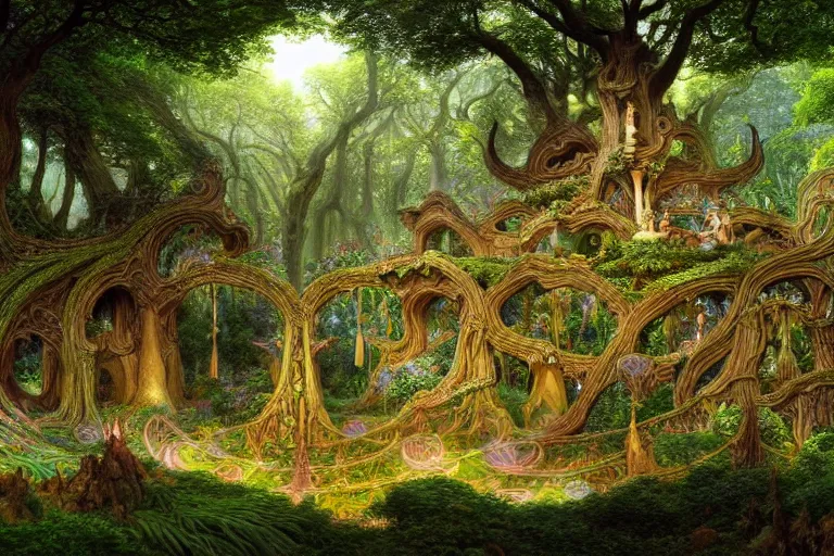 Image similar to a beautiful and highly detailed digital painting of an elven temple in a beautiful garden in a mystical forest by caspar friedrich and albert bierstadt and james gurney and brian froud, lothlorien, psychedelic patterns, celtic designs, intricate details, epic scale, hyperdetailed, hyperrealism, artstation, cgsociety, 8 k, sharp focus