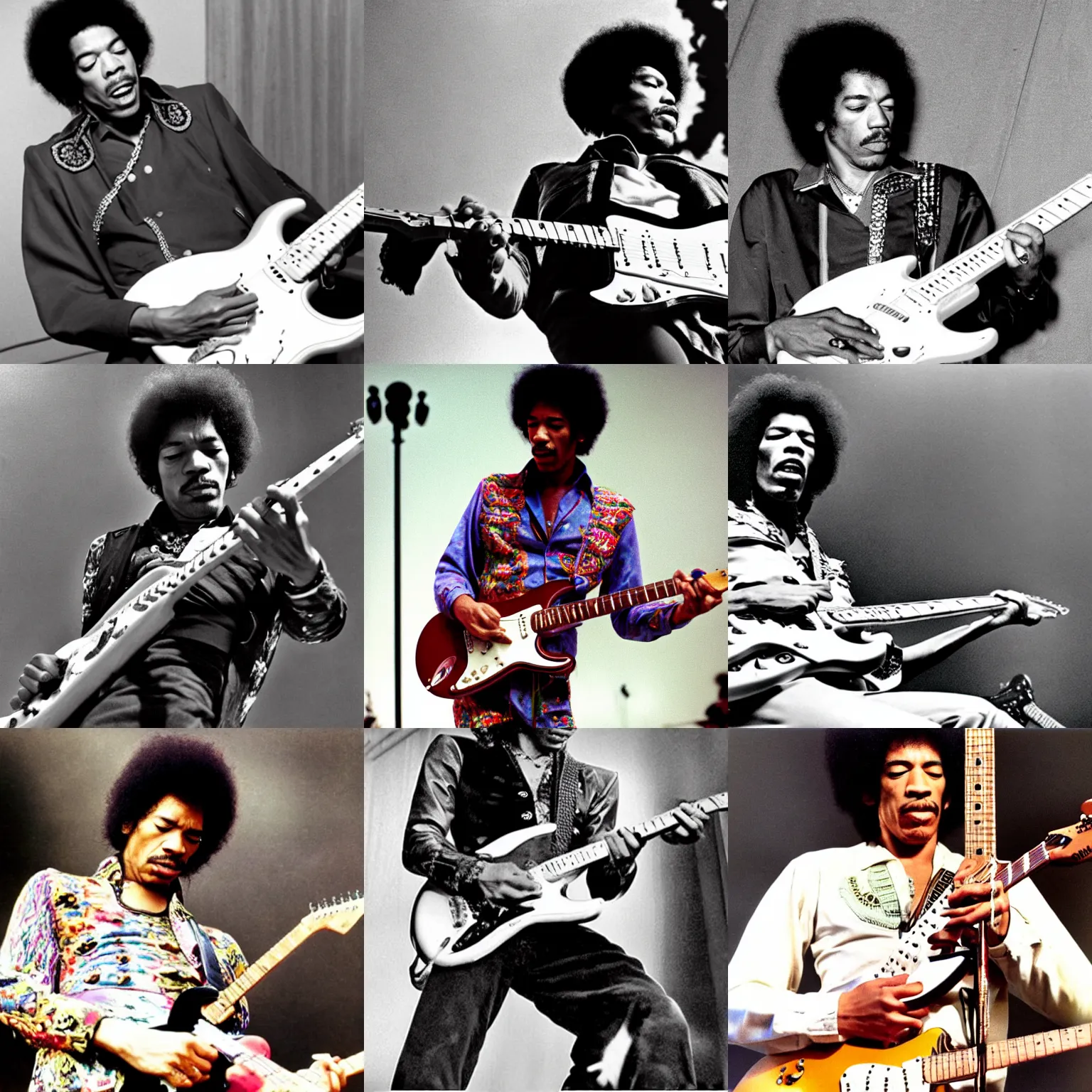 Prompt: jimi hendrix playing a turned around stratocaster left - handed