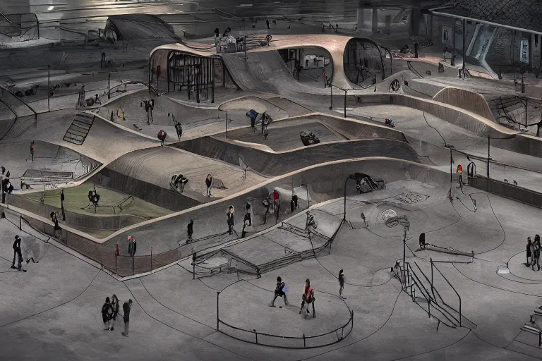 Image similar to dystopian skatepark, digital art, highly detailed, sharp, 4 k