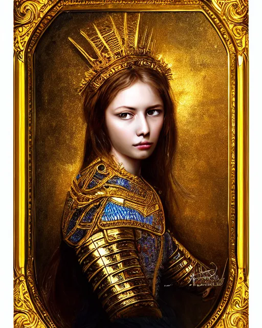 Image similar to enamel painting portrait of woman in shining golden armor, high production value, intricate details, high resolution, hdr, high definition, masterpiece, realistic, ultrarealistic, highly detailed, hd, sharp focus, non blurry, sharp, smooth