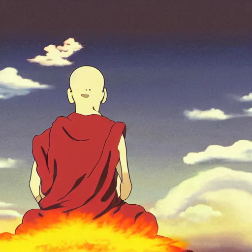Prompt: illustration of a levitating monk meditating within the centre of a peaceful swirling atom as he fights off evil clouds of smoke, studio ghibli, ultra hd