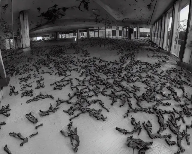 Image similar to camera footage of a Hundreds of Rabid Zerg in an abandoned shopping mall, high exposure, dark, monochrome, camera, grainy, CCTV, security camera footage, timestamp, zoomed in, fish-eye lens, Nightmare Fuel, Evil, Zerg, Brood Spreading, Hive, horrifying, lunging at camera :4