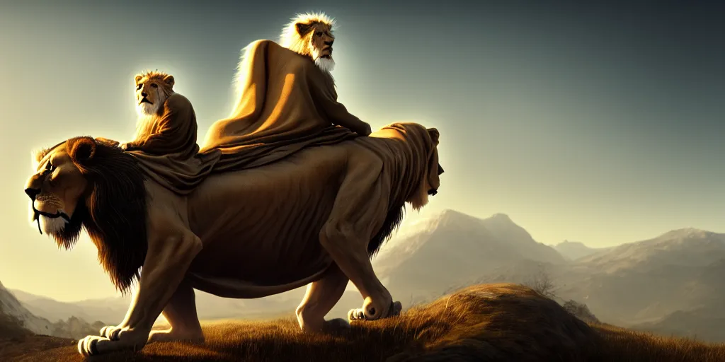 Image similar to hooded wise old man ( long white beard wearing a brown tunic ), riding majestically, on a beautiful lions back, epic digital art, cinematic, trending on artstation, superb detail 8 k, wide - angle, masterpiece