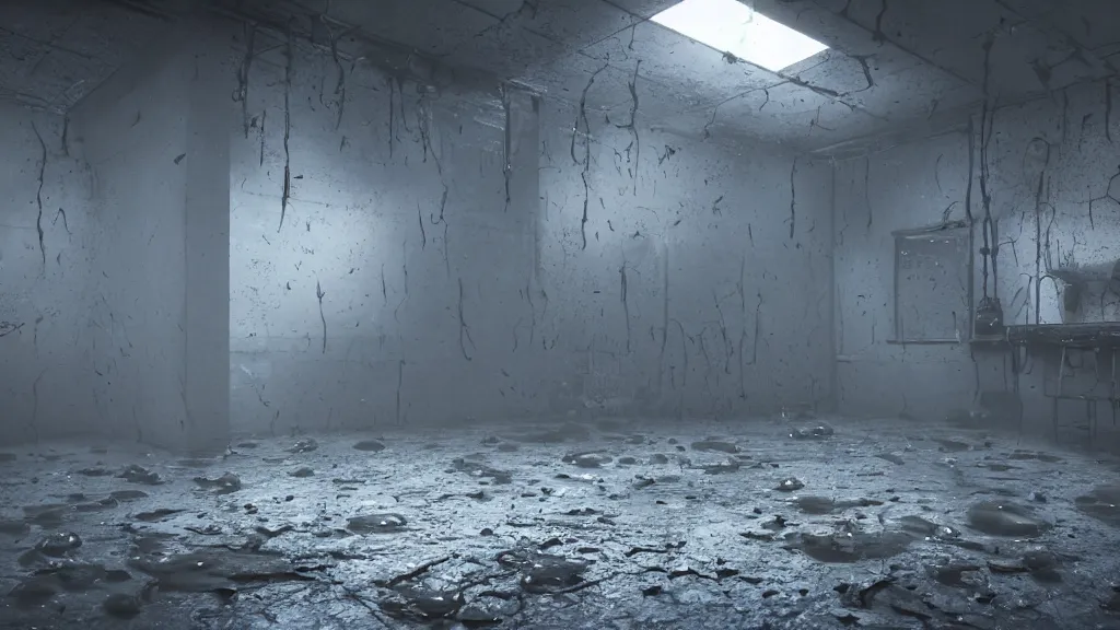 Prompt: demonic alien goo slime covering the ground and walls and ceiling of an abandoned laboratory, volumetric lighting, unreal engine 5, eerie sinister atmosphere, photorealistic, unnerving, hyperdetailed 3d matte painting, hyperrealism, hyperrealistic, cinematic masterpiece, sci-fi horror style 8k ultrahd octane render