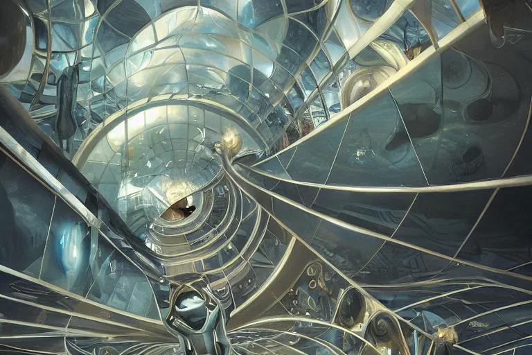 Prompt: cinematic inside a nautilus hall of mirrors, cybernetic circuitry, glowing pulses and reflections, shimmer water surface reflections in silver mirrors, pulses of gnostic energy, the deepest secrets, by jessica rossier and mc escher