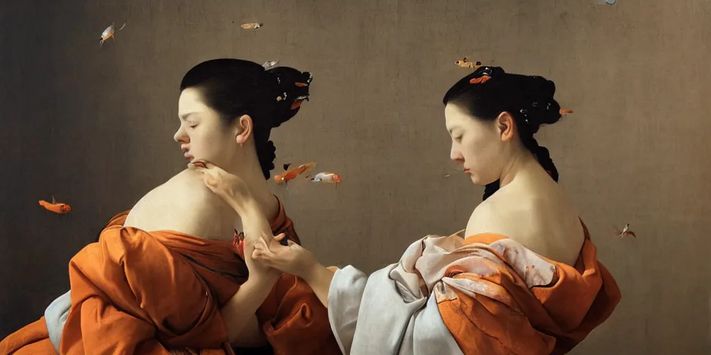 Prompt: beautiful oil matte portrait painting, woman surrounded by multiple koi fishes, wonderful masterpiece highly detailed, beautiful cinematic light deep focus, elegant, digital painting, smooth, sharp focus, golden ratio, dramatic illumination, ultra realistic, 8 k, art by artemisia lomi gentileschi and caravaggio