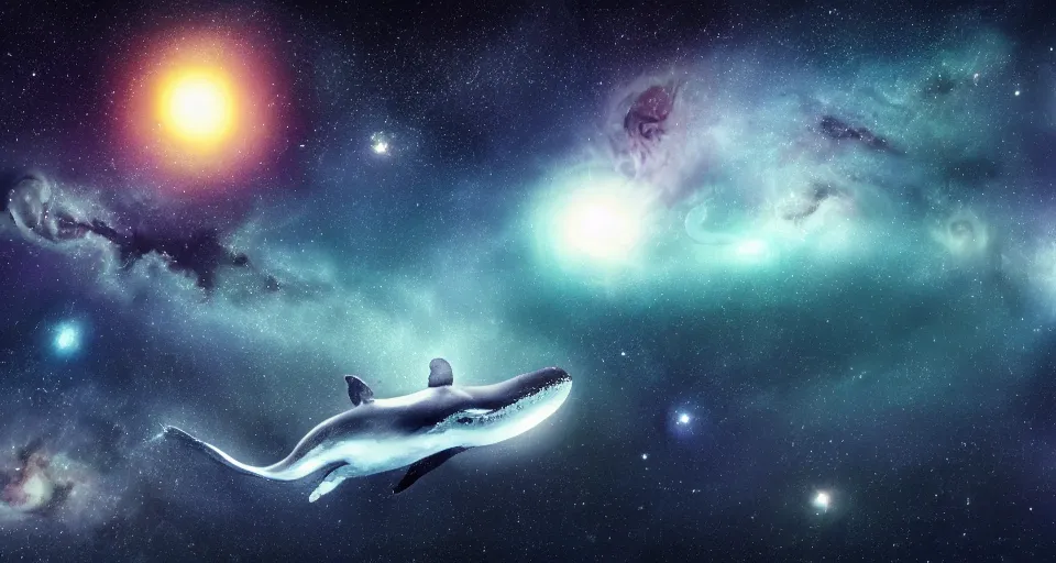 Image similar to high quality photo of big whale floating in dark beautiful space filled with stars, planets and galaxies, photorealism, 8k, extremely detailed