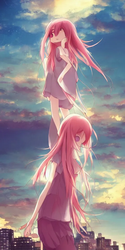 Image similar to anime art, anime key visual of a cute elegant anime girl with pink hair and big eyes, city rooftop at sunset with clouds, golden hour sunset, background blur bokeh!, beautiful lighting, high quality illustration, studio ghibli