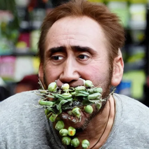 Image similar to nicolas cage trapped in a wicker cage with peas on his face, dying