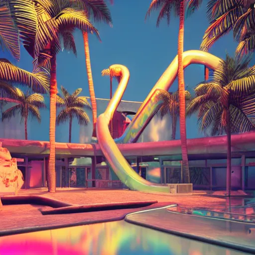 Image similar to a hyperrealistic 3 d render of a broken statue in a surreal underground swimming pool surrounded by palm trees water slides and neon lights, vaporwave, unreal engine, octane render, dramatic lighting, volumetric lighting, neon lighting, ultra detailed, photorealistic