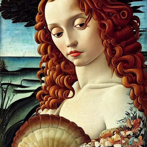 Image similar to an hyperrealistic mythological oil painting of a beautiful woman with long curly brown hair, full body, wearing floral chiton, lying in a giant scallop shell near the seashore, intricate, elegant, renaissance style, by sandro botticelli