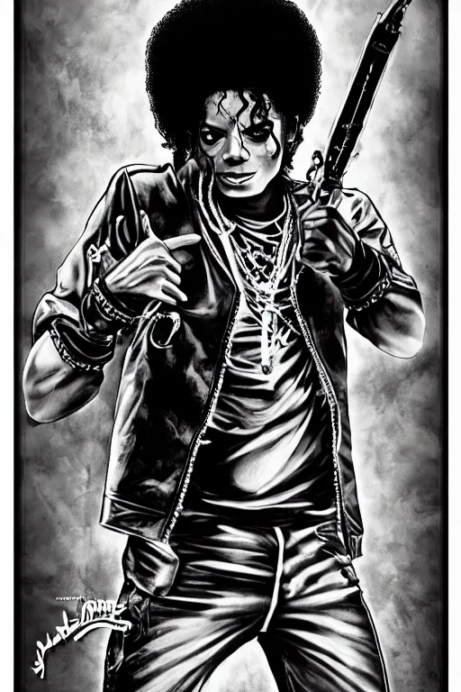 Image similar to gangsta black michael jackson afro poster as a black rapper 1 9 7 0 s, the hood, tattoos, dancing, poster tour, art work, ripped, 6 pack, rapping, grime, michael jackson, uhd, sharp, detailed, cinematic 4 k