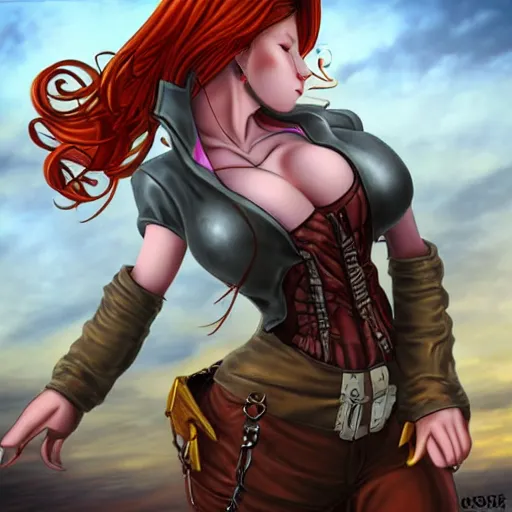 Prompt: redhead steampunk alchemist's body is accidentally inflated with air by an experiment gone wrong. her clothes are stretched tightly around her and she's about to burst from overinflation. hyper realistic full body image