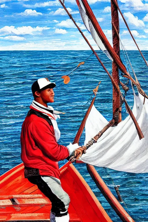 Prompt: patrick mahomes in an 1 8 th century whaler rowboat, brandishing a harpoon, the harpoon is sharp, he's on an old sailing boat, oil painting, coherent, highly realistic, anime style, american school, whaling painting, robert wyland