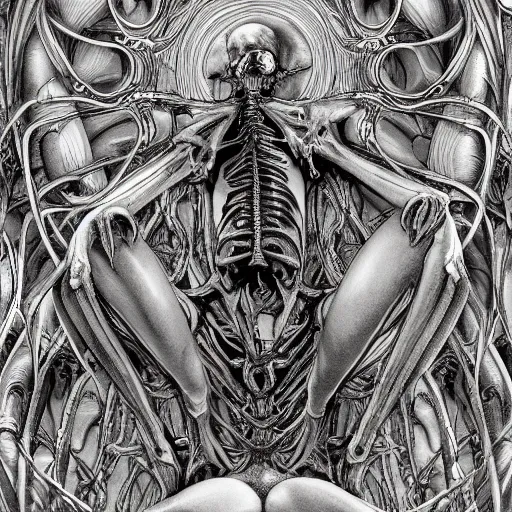 Image similar to cinematic scene of a detailed and intricate design of the back of full woman body and a baby fetus wrapped in bones, close up, rea, intrincate, in the style of giger, studio shot, dark shadows, creepy, nightmarish, dynamic lighting, great finesse organic hyper detailed, engineering blueprints, technical drawings, calculus, stained paper, hyperrealistic, ultra detailed, 16K, unreal engine, trending on artstation