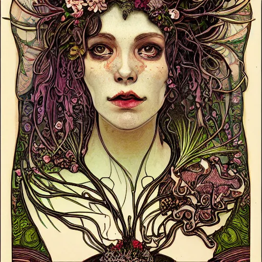 Image similar to a beautiful detailed front view portrait of a rotten woman corpse with fractal plants and fractal flowers and mushrooms growing around, symmetrical, ornate, ornamentation, illustration, in the style of art nouveau, mucha